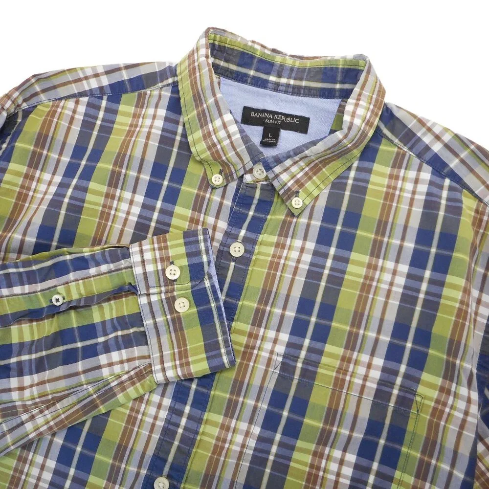 Banana Republic Men's L Slim Fit Plaid Button-up Shirt Blue Green Button-down